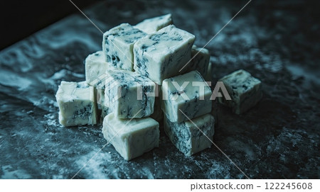 Cubes of blue cheese stacked on a dark marble surface. 122245608