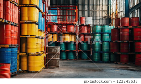 A vibrant warehouse scene featuring stacked barrels in bright colors, showcasing industrial storage. 122245635