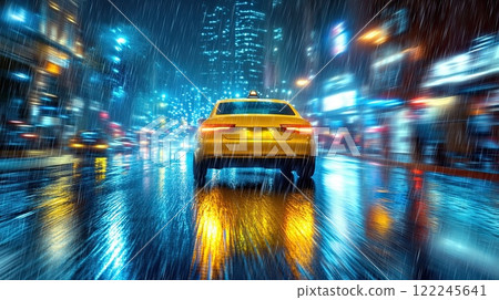 A yellow car drives through a rainy city street illuminated by blue and yellow lights at night A yellow car drives through a rainy city street illuminated by blue and yellow lights at night 122245641