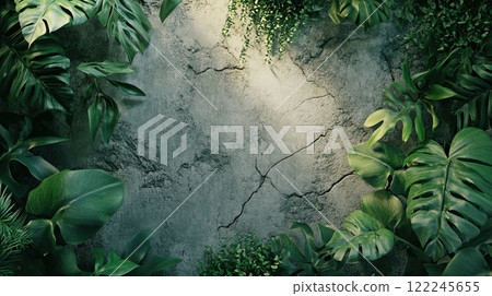 A textured wall with cracks, surrounded by lush greenery, contrast between nature A textured wall with cracks, surrounded by lush greenery, contrast between nature 122245655