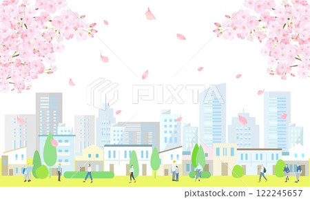 Cherry blossoms, buildings, cityscape and people walking landscape vector illustration spring background material 122245657