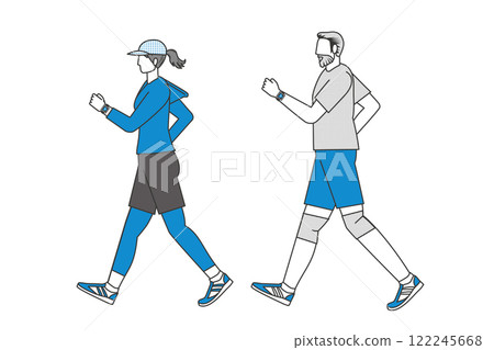 Illustration of a male and female pair taking a stroll, walking, walking Flat design Set of two-color main line illustrations Illustration of a male and female pair taking a stroll, walking, walking Flat design Set of two-color main line illustrations 122245668