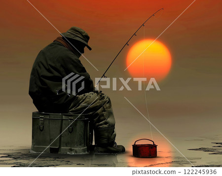 A Solitary Fisherman at Sunset Engaging in His Favorite Hobby While Immersed in Natures Beauty A Solitary Fisherman at Sunset Engaging in His Favorite Hobby While Immersed in Natures Beauty 122245936