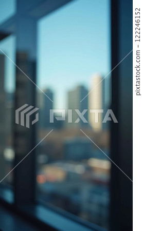 A blurred perspective showcases a modern city skyline through a glass wall during twilight, revealing the vibrancy and complexity of urban life. The fading light reflects city energy. Generative AI 122246152