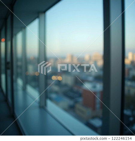 A blurred perspective showcases a modern city skyline through a glass wall during twilight, revealing the vibrancy and complexity of urban life. The fading light reflects city energy. Generative AI 122246154