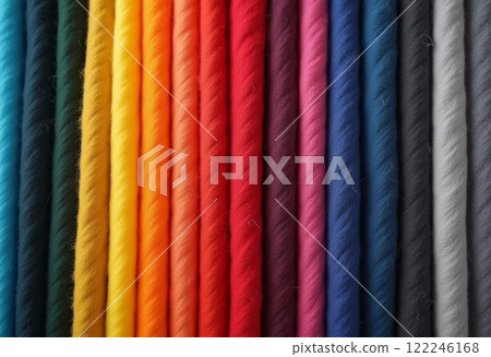 Various samples of woolen fabric in different colors are neatly organized, showcasing a vibrant palette ideal for textile design and creative projects. Generative AI 122246168