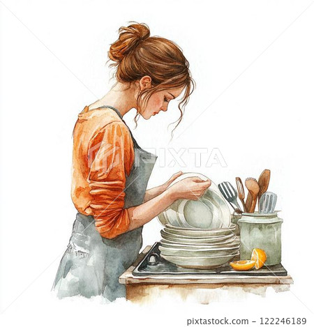 Illustration of a woman in an apron wiping dishes 122246189