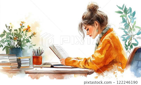 Watercolor illustration of a woman sitting at a desk and checking documents 122246190