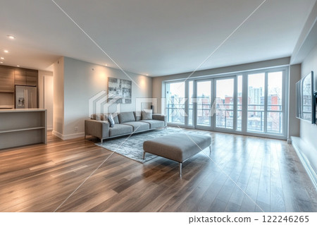 Modern minimalist living room with large windows, hardwood flooring, stylish furniture, and city view. Bright and spacious interior design 122246265