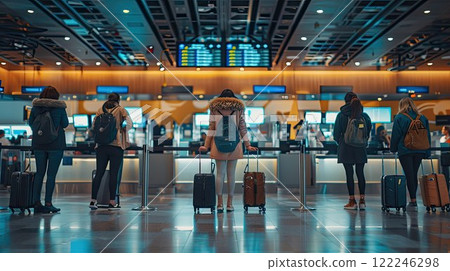 Busy airport terminal with travelers checking in at counters during evening hours 122246298