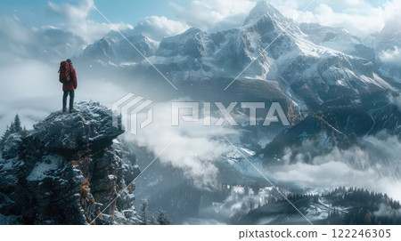 Hiker stands on rocky peak overlooking majestic snowy mountains under a cloudy sky Hiker stands on rocky peak overlooking majestic snowy mountains under a cloudy sky 122246305