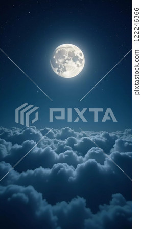 A luminous moon hangs in a dark sky, surrounded by soft clouds that create a dreamy ambiance. The scene invites quiet moments of reflection and wonder under the stars. Generative AI 122246366