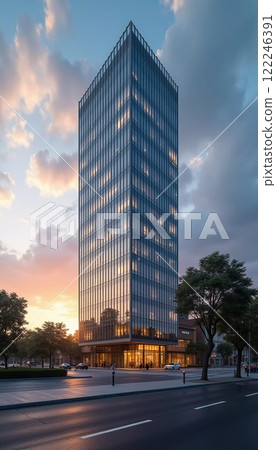 A towering office building with expansive glass windows reflects the vibrant colors of sunset. Urban surroundings and clear skies create a serene atmosphere as day transitions into night. GenerativeAI A towering office building with expansive glass windows reflects the vibrant colors of sunset. Urban surroundings and clear skies create a serene atmosphere as day transitions into night. GenerativeAI 122246391