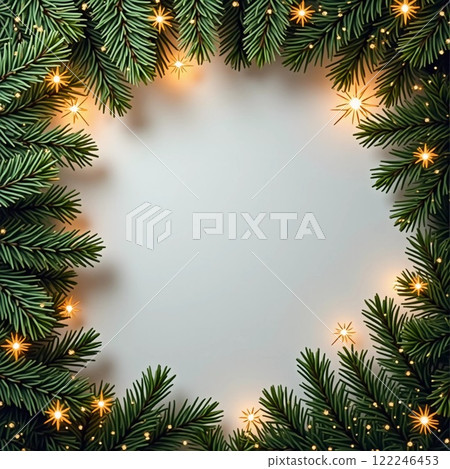 Fir tree branches create a festive border, with scattered golden stars and lights enhancing the joyful atmosphere of Christmas and New Year celebrations, evoking warmth and cheer. Generative AI Fir tree branches create a festive border, with scattered golden stars and lights enhancing the joyful atmosphere of Christmas and New Year celebrations, evoking warmth and cheer. Generative AI 122246453