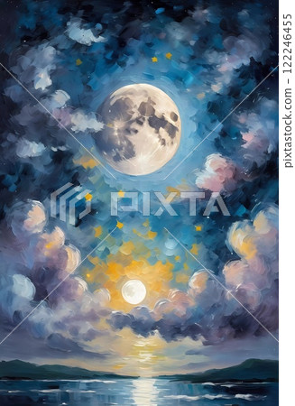 A full moon illuminates a night sky filled with fluffy clouds painted in varying shades of blue, purple, and soft white. Twinkling stars add a magical touch to this serene scene. Generative AI A full moon illuminates a night sky filled with fluffy clouds painted in varying shades of blue, purple, and soft white. Twinkling stars add a magical touch to this serene scene. Generative AI 122246455