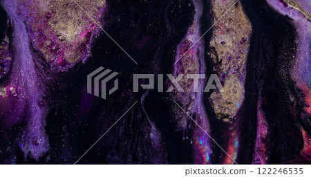 Shimmering flow. Sparkling ink texture. Defocused multicolor purple fluid paint marble gleaming bright particles moving on abstract art background. 122246535