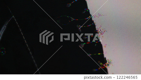 Cracked monitor. Analog static. Contrast color deformation of LCD screen with rainbow iridescence border. Damaged texture of digital glitch noise fractured surface. 122246565