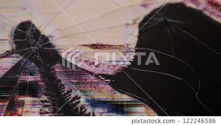 Display scratch. Monitor problem. Broken glass texture overlay with glitch crack screen surface. Failure of analog technology channel color defocused image. 122246586