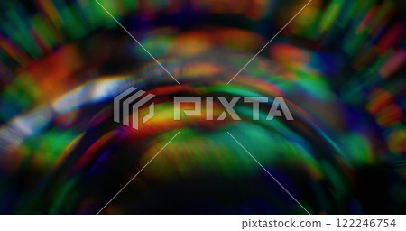 Defocused rainbow lens. Strobe effect. Bright overflows color festive luminosity turning source light. Rounded distortion vision. Extinction rays illumination. 122246754