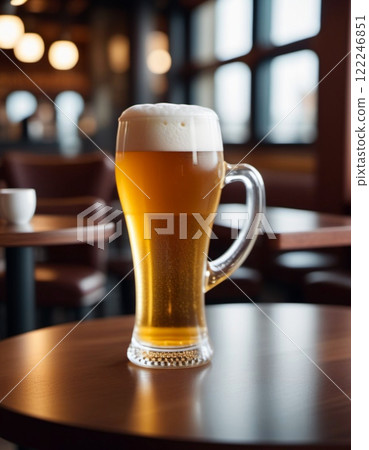 Beer Glass Mug With Handle With Light Yellow Beer With Foam. Beer on the table in a cafe, bokeh effect, tilt-shift photo. A picture for advertising alcoholic beverages. AI Generated. Beer pub. 122246851