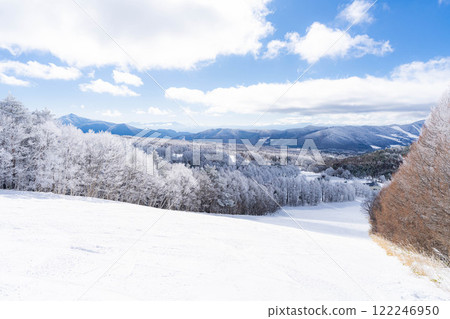 【滑雪場材質】銀色滑雪場與藍天【長野縣】 122246950