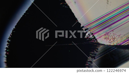 Blur damage. Screen glitch. Black ink spreads across broken display surface. Flickering colored pixel lines dots on edge crack plasma TV monitor. 122246974