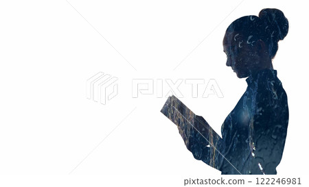 Reading inspiration. Melancholic silhouette. Profile double exposure outline of pensive woman with open book in rain drops isolated on white copy space background. Reading inspiration. Melancholic silhouette. Profile double exposure outline of pensive woman with open book in rain drops isolated on white copy space background. 122246981