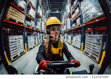 Counterbalance forklift operates young black woman inside warehouse of logistics terminal. 122247094