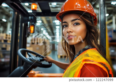 Young  woman driven narrow aisle forklift in industrial warehouse. 122247099