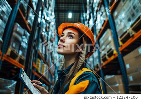 An industrial warehouse manager holding goods release note on clipboard. 122247100