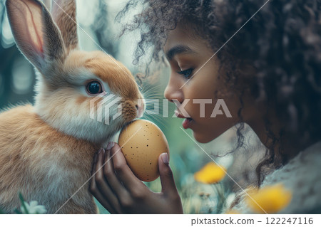 Black girl holds painted Easter egg in front of bunny face. Black girl holds painted Easter egg in front of bunny face. 122247116