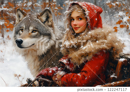 Gray wolf accompanies Little Red Riding Hood, who is traveling to her grandmother in sleigh in winter. Gray wolf accompanies Little Red Riding Hood, who is traveling to her grandmother in sleigh in winter. 122247117