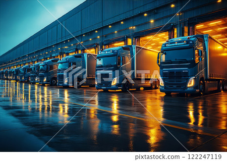 Delivery trucks stand at unloading loading bay of an industrial warehouse in logistics complex in evening in rainy weather. Delivery trucks stand at unloading loading bay of an industrial warehouse in logistics complex in evening in rainy weather. 122247119