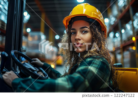 High reach stacker operates of young black woman inside industrial warehouse. 122247122
