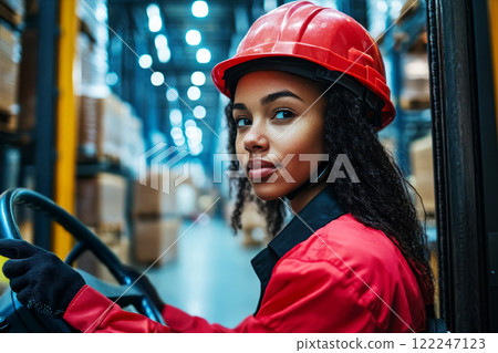 Electric reach truck driven by young black woman. 122247123
