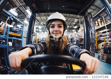 Warehouse electric counterbalance forklift truck driven by young European woman. 122247146
