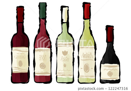 Vector illustration set of bottled wine Brush writing Hand-drawn Handwriting Red wine White wine Champagne Watercolor Vector illustration set of bottled wine Brush writing Hand-drawn Handwriting Red wine White wine Champagne Watercolor 122247316