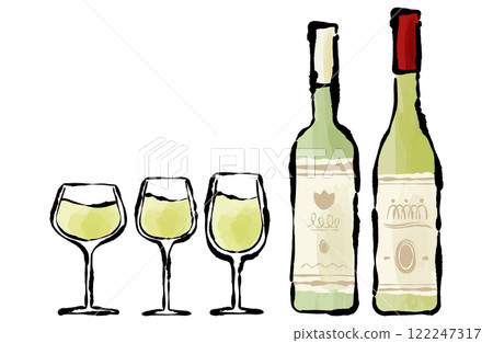 白葡萄酒瓶和玻璃刷書寫手繪水彩的向量插圖集 122247317