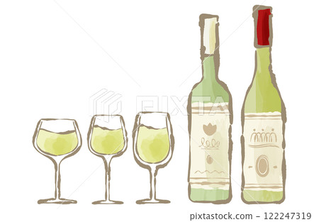 白葡萄酒瓶和玻璃刷書寫手繪水彩的向量插圖集 122247319