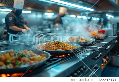 Chef preparing food in commercial kitchen using cookware and bakeware 122247454