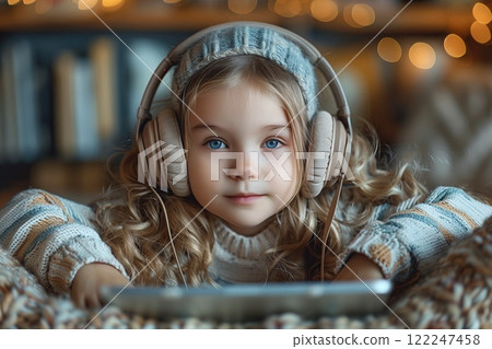 A toddler with a big smile is happily playing on a tablet with headphones 122247458
