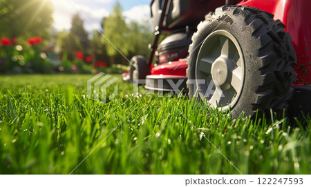 Close Up of Lawn Mower on Green Grass Close Up of Lawn Mower on Green Grass 122247593