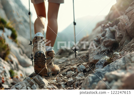 Hiker on Rocky Path in Sunlit Mountain Trail 122247615