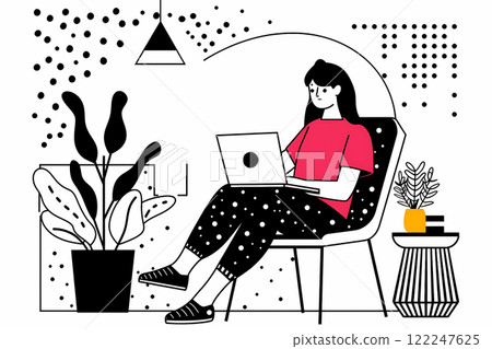Minimalist Illustration of Woman Working on Laptop 122247625