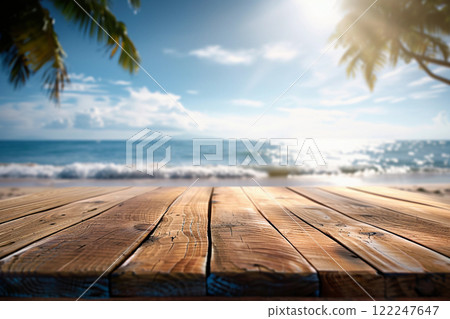 Wooden Tabletop Overlooking Sunny Beach 122247647