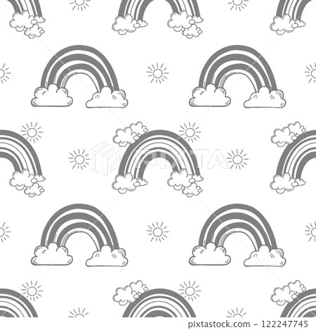 Seamless pattern with rainbows with clouds, stars and hearts. Cute pastel background, hand drawn illustration. 122247745