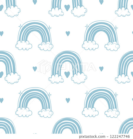 Seamless pattern with rainbows with clouds, stars and hearts. Cute pastel background, hand drawn illustration. Seamless pattern with rainbows with clouds, stars and hearts. Cute pastel background, hand drawn illustration. 122247746
