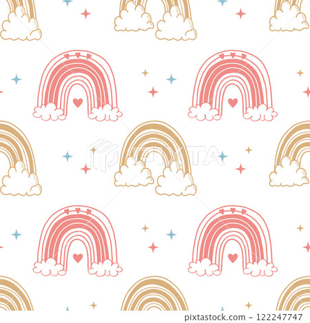 Seamless pattern with rainbows with clouds, stars and hearts. Cute pastel background, hand drawn illustration. 122247747