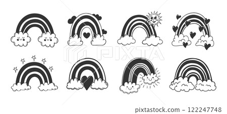 Set of cute doodle rainbow characters with clouds and hearts. Icons, hand drawn illustrations. 122247748