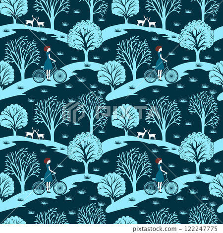 girl on a bicycle on a background of blue forest. seamless vector pattern girl on a bicycle on a background of blue forest. seamless vector pattern 122247775